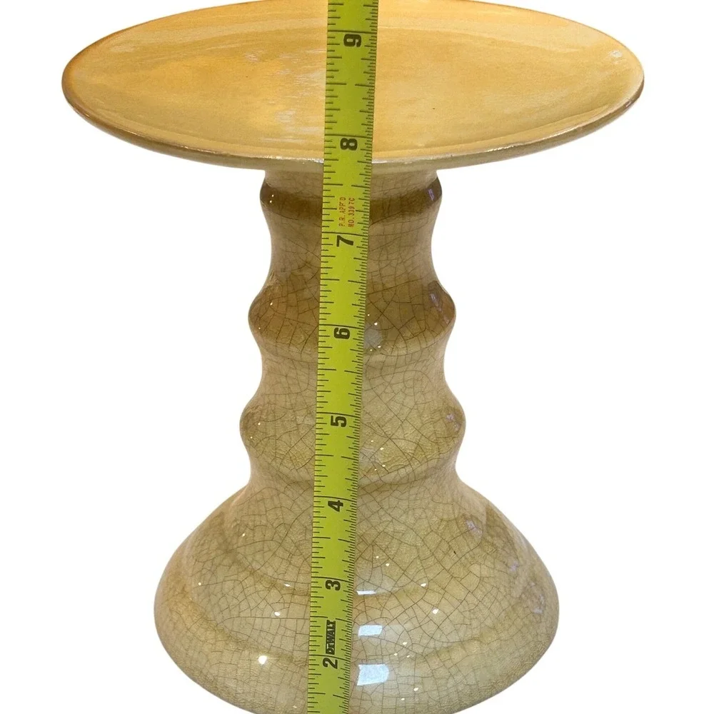 Yellow Ceramic Crackle Glaze Pillar Candle Holder Pedestal Stand 8.5in